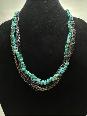 ETS, Dyed Turquoise Nugget Beads And 4 Chain Long Necklace And Earring Set, NOC